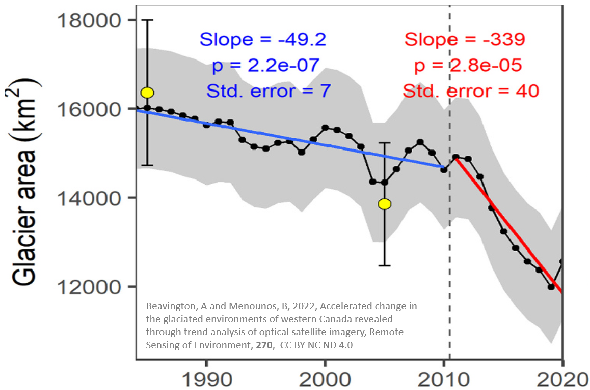 The slope on the left hand side up to the 2010 black dotted line is blue. The slope starting at 2010 is red.