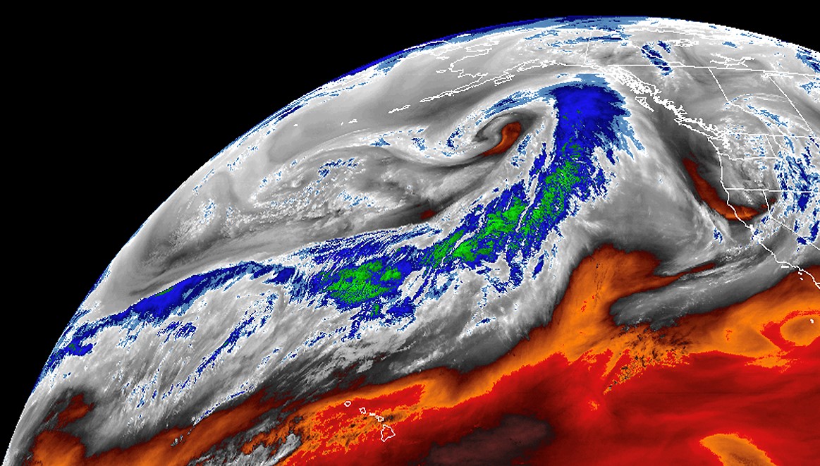 There is a black background with the Earth in focus on the front right. There are swirling white clouds covering blue and green sections representing land and water in the top left of the Earth. The bottom right is also covered in clouds. There is a blue and green swath that represents an atmospheric river heading towards North America.